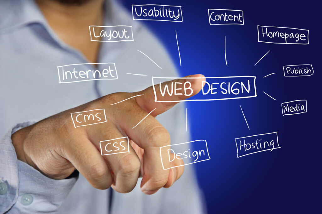Business concept image of a businessman pointing Web Design icon on virtual screen over blue background