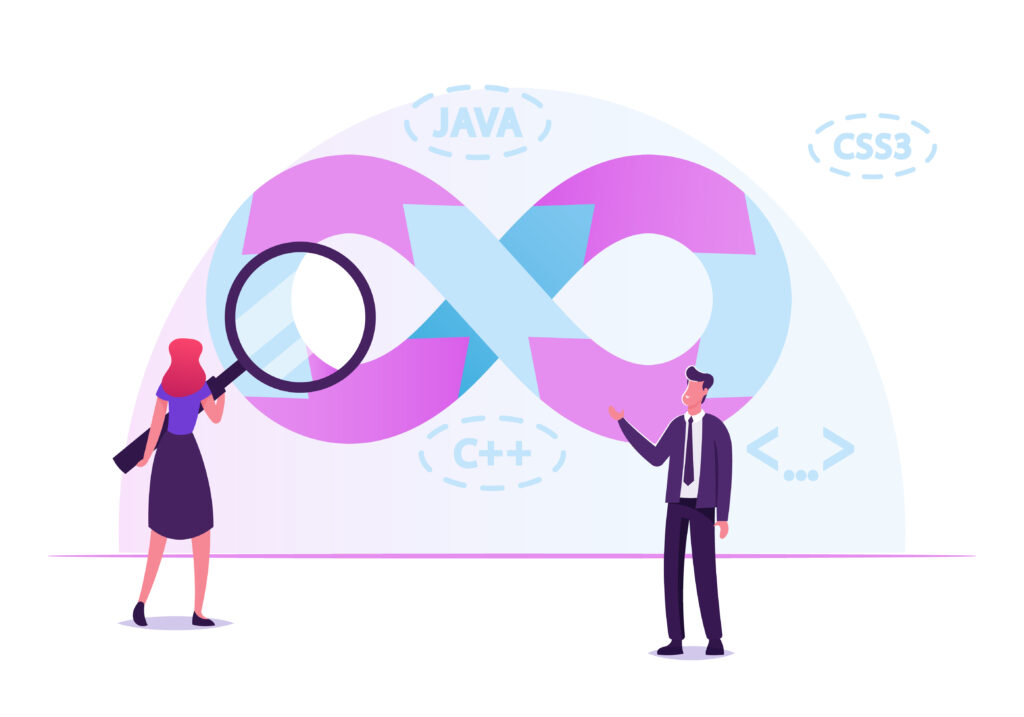Devops Teamwork Concept. Communication and Collaboration between Development and Operations Stages and Represented Through Two Circles Connected Each Other. Magnifying Cartoon Flat Vector Illustration
