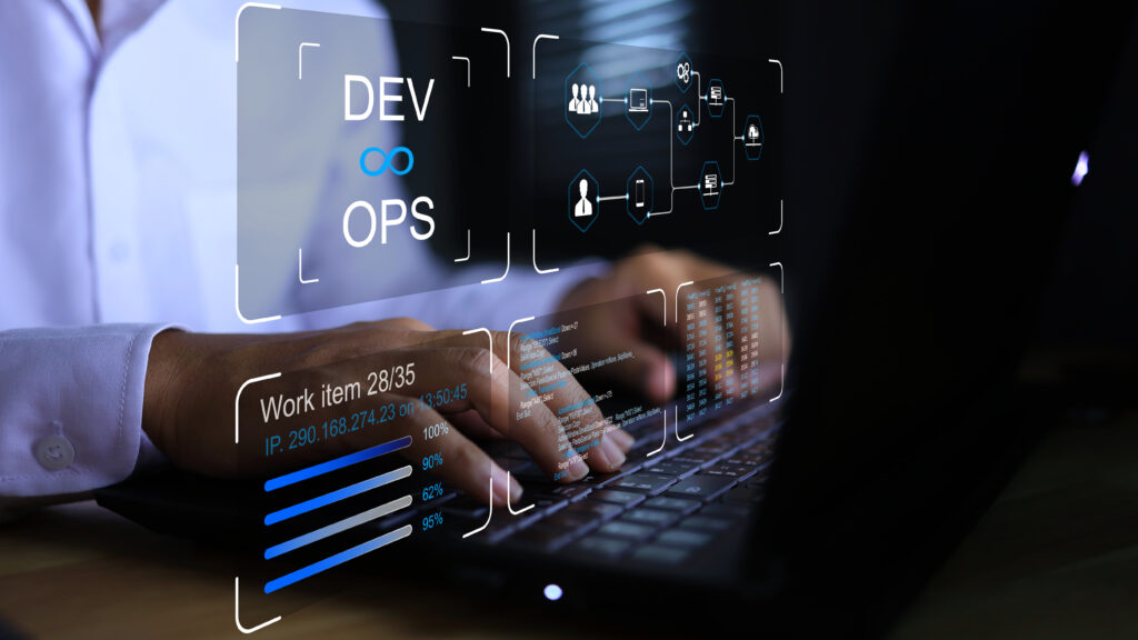 DevOps software development IT operation engineer work with agile gestures as programer development concept with dev and ops icon computer screen project manager operation sysadmin typing on keyboard