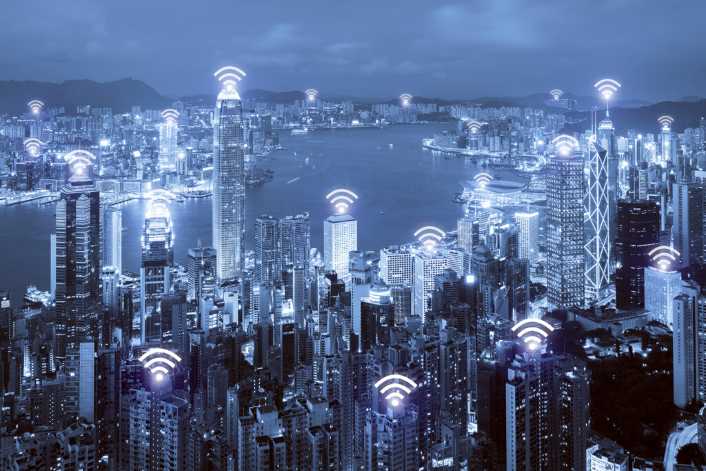 Wifi icon and Hong Kong city with wireless network connection IoT. Hong Kong smart city and wireless communication network, abstract image visual, internet of things.