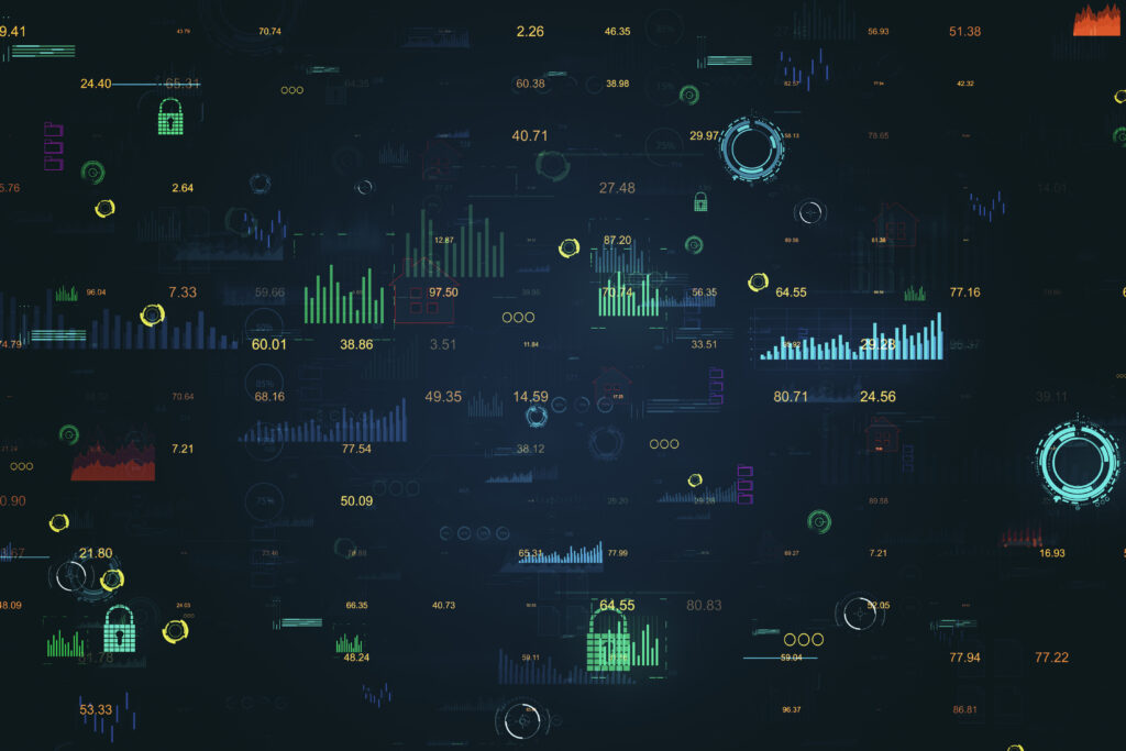 Creative glowing big data background with financial charts. Technology and future concept. 3D Rendering