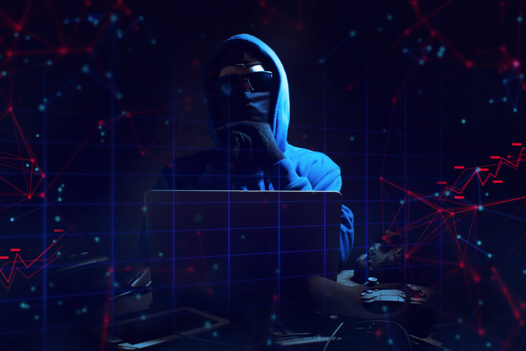 hacker man terrorist with virus computer attack to server network system online in data internet security hacking ai concept