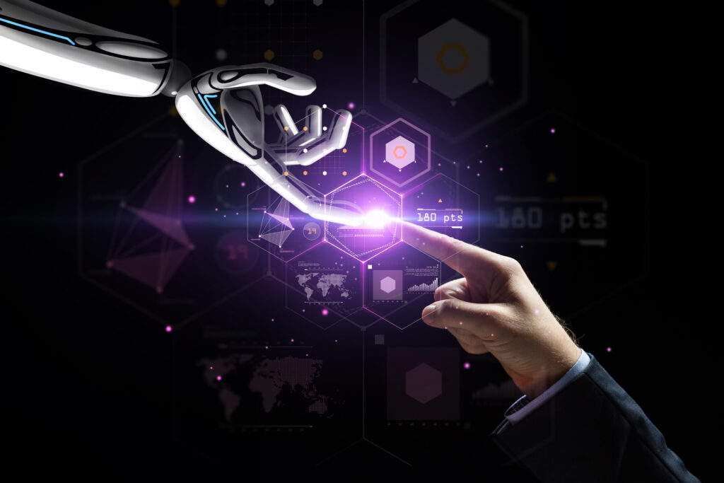 artificial intelligence, future technology and business concept - robot and human hand with flash light and virtual screen projection over black background