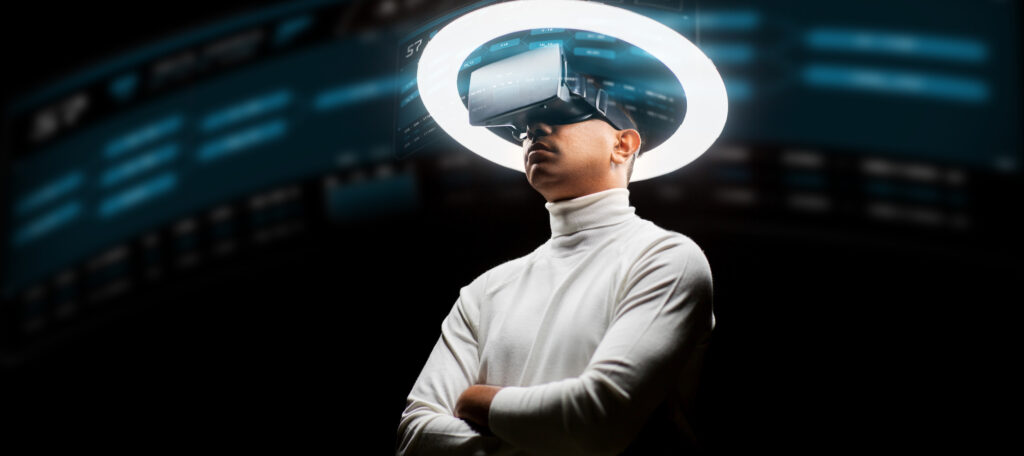 future technology, augmented reality and cyberspace concept - man in vr glasses under white illumination with virtual screens projection over black background